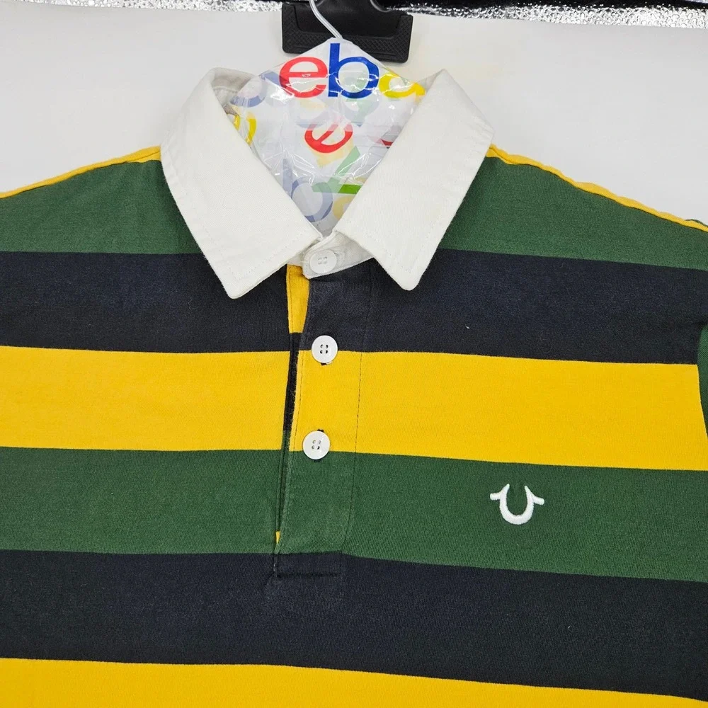 True Religion Rugby Polo Shirt Mens Small Striped Long Sleeve Horseshoe Logo